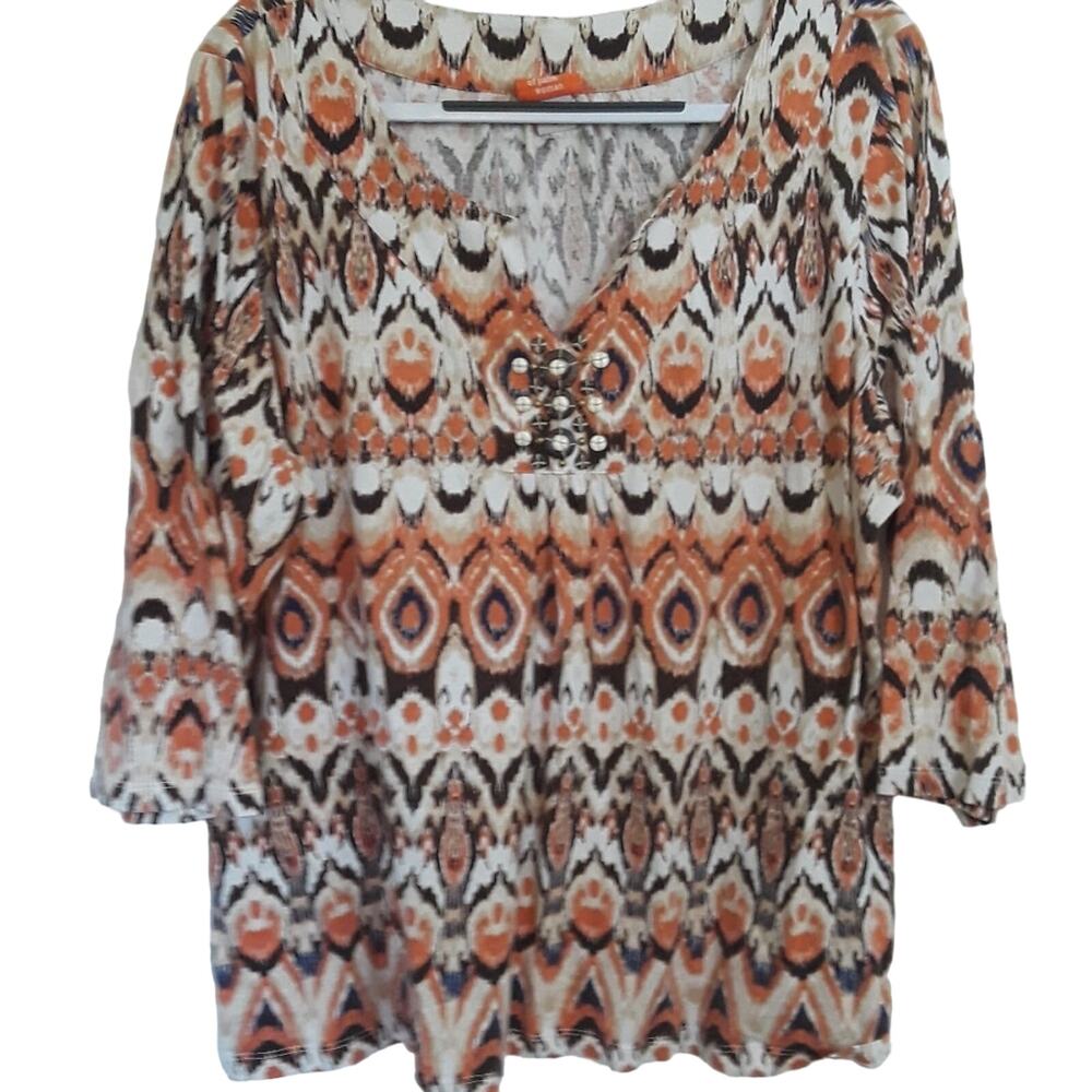 Womens Sx 2X V-Neck Beaded Colorful Aztec Print Heart of Palm Top